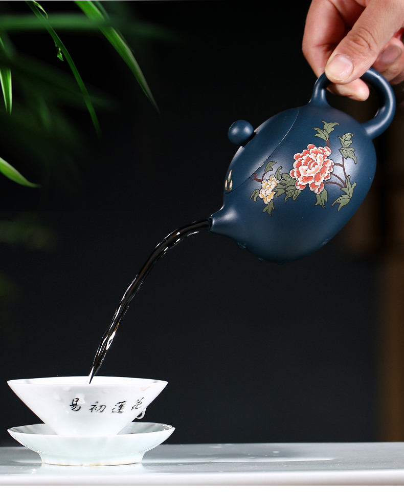 純手工紫砂壺，小巧琺瑯印花紫砂壺